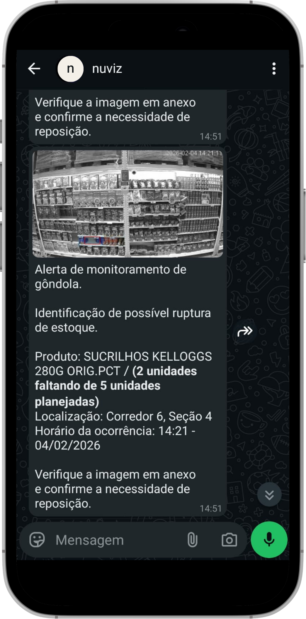 Shelf stockout alert received via WhatsApp with photo and exact location